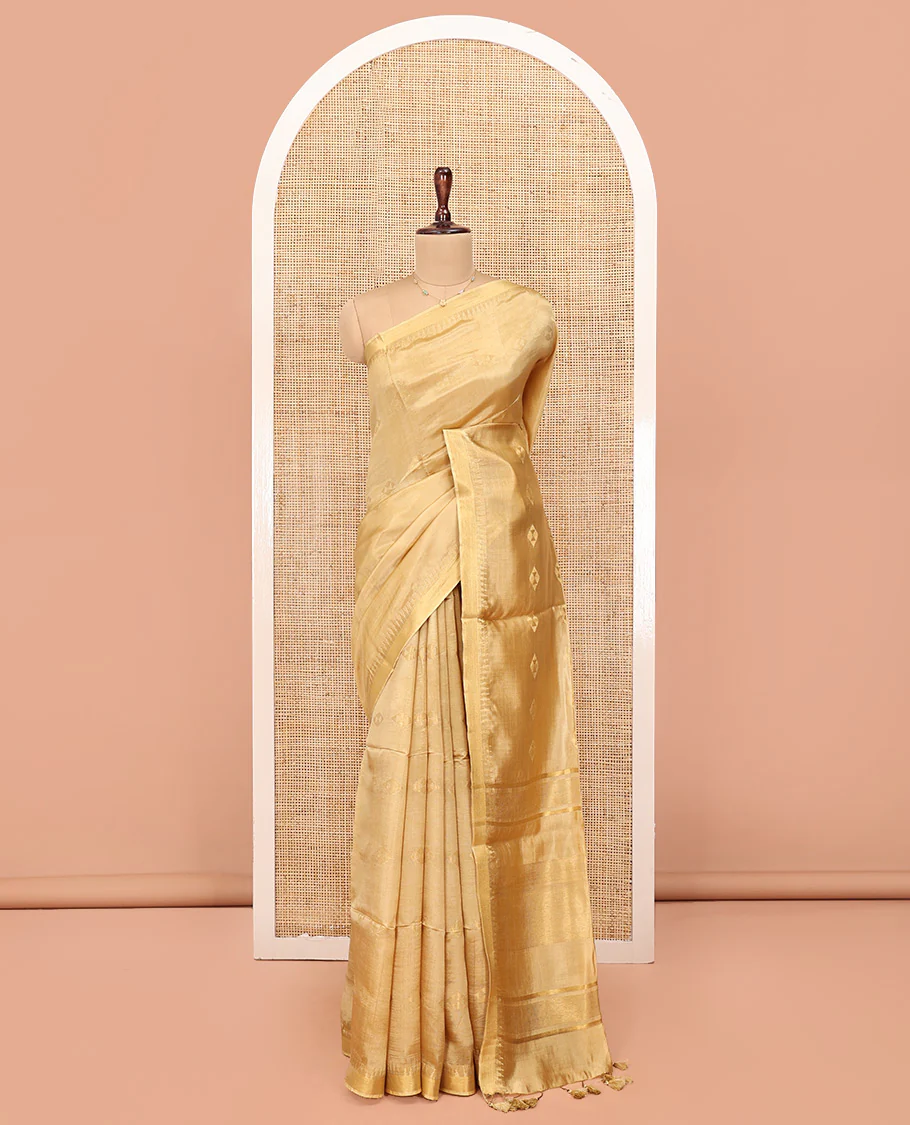 Sandal Banana Pith Saree, Subtly Sparkled with Buttas All Over Its Body, Subtle Border, Striped Pallu, and Paired with a Matching Blouse - Image 3
