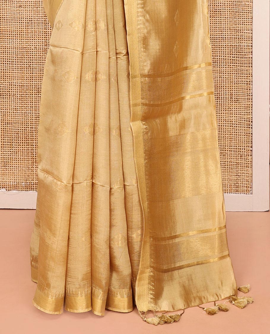 Sandal Banana Pith Saree, Subtly Sparkled with Buttas All Over Its Body, Subtle Border, Striped Pallu, and Paired with a Matching Blouse - Image 4
