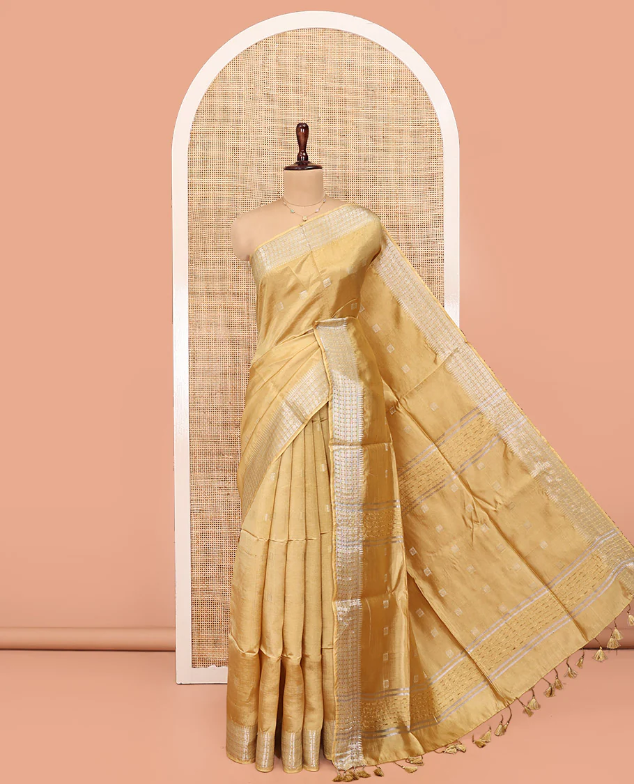 Sandal Banana Pith Saree, Subtly Woven with Square Buttas All Over Its Body, Subtle Traditional Border, Pallu of Buttas and Stripes, and Paired with a Matching Blouse