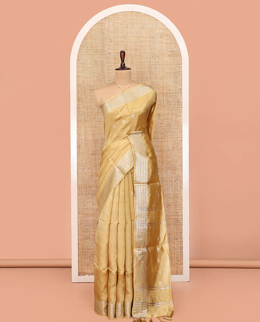 Sandal Banana Pith Saree, Subtly Woven with Square Buttas All Over Its Body, Subtle Traditional Border, Pallu of Buttas and Stripes, and Paired with a Matching Blouse - Image 3
