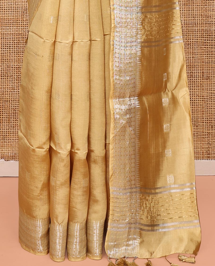 Sandal Banana Pith Saree, Subtly Woven with Square Buttas All Over Its Body, Subtle Traditional Border, Pallu of Buttas and Stripes, and Paired with a Matching Blouse - Image 4