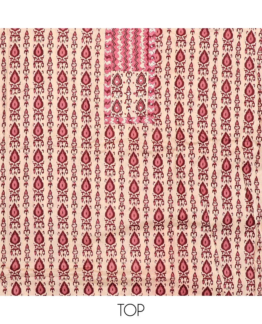 Sandal-Base and Red Cotton Material Chudidar Set, Adorned with Batik-Style Intricate Print on Its Top, a Batik Chevron Printed Cotton Bottom, and Paired with an Intricately Printed Dupatta - Image 2