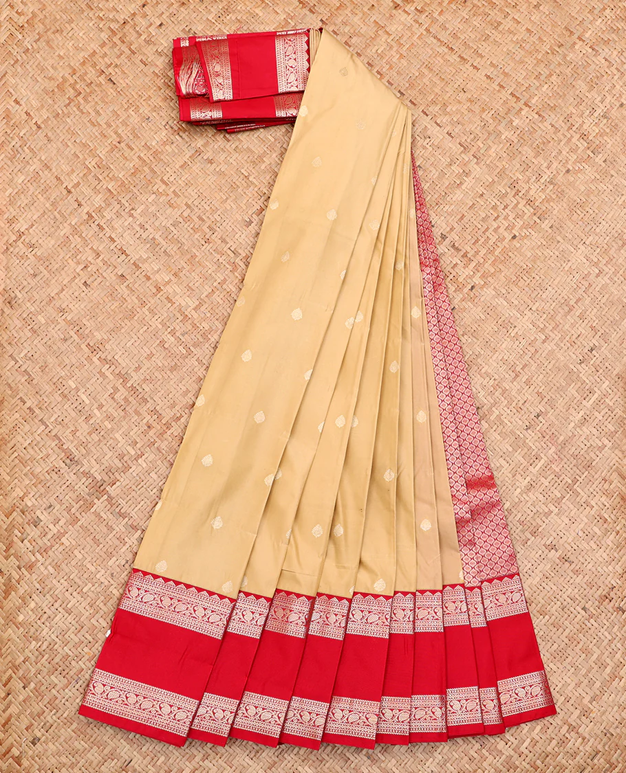 Sandal Budget Silk Saree, Detailed with Buttas All Over Its Body, Complemented by a Contrast Traditional Zari Design Rettai Pettu Border, Grand Pallu, and Paired with a Contrast Blouse - Image 2