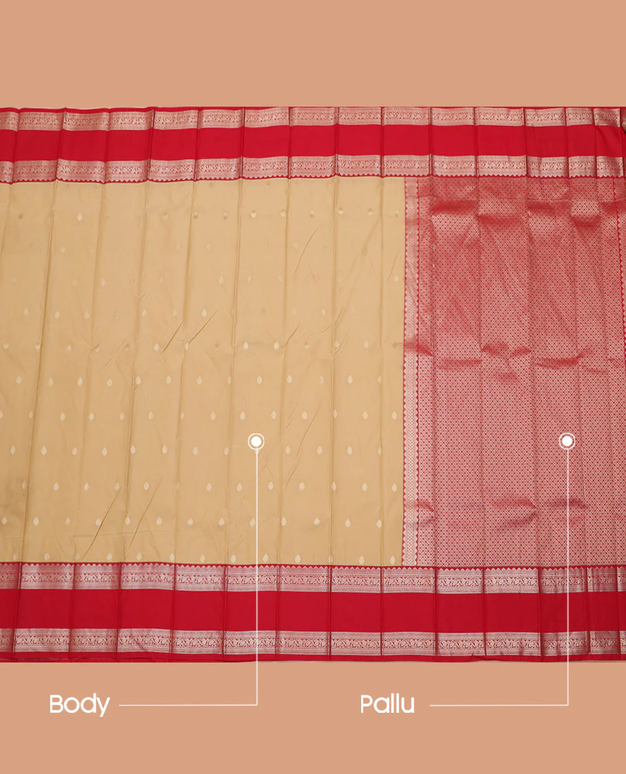 Sandal Budget Silk Saree, Detailed with Buttas All Over Its Body, Complemented by a Contrast Traditional Zari Design Rettai Pettu Border, Grand Pallu, and Paired with a Contrast Blouse - Image 3