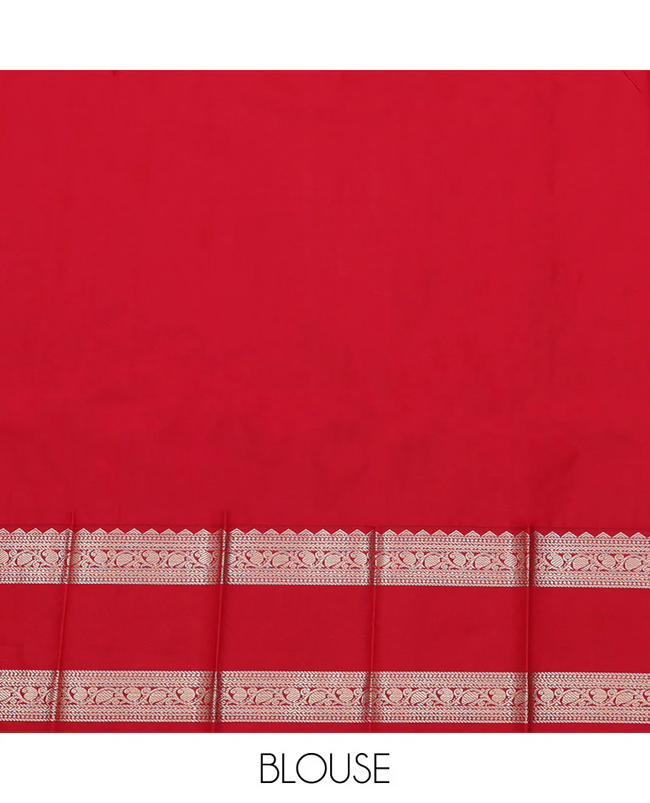 Sandal Budget Silk Saree, Detailed with Buttas All Over Its Body, Complemented by a Contrast Traditional Zari Design Rettai Pettu Border, Grand Pallu, and Paired with a Contrast Blouse - Image 4