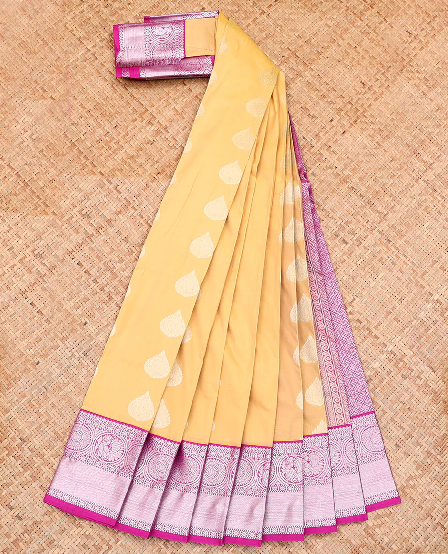 Sandal Budget Silk Saree, Detailed with Zari Buttas on Its Body, Complemented by a Contrast Traditional Zari Design Border, Grand Jaal Pallu, and Paired with a Contrast Blouse - Image 2