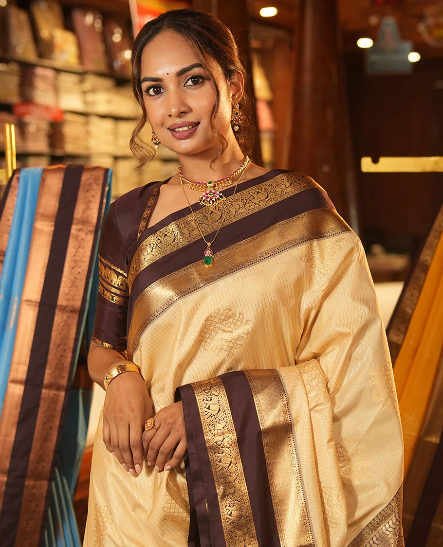 Sandal Budget Silk Saree, Embellished with Zari Stripes and Kolam Buttas All Over Its Body, Complemented by a Contrast Traditional Zari Design Rettai Pettu Border, Grand Scallop Design Pallu, and Paired with a Contrast Blouse - Image 2