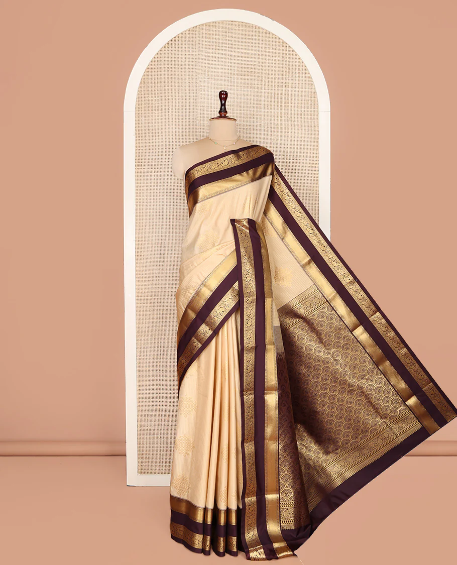 Sandal Budget Silk Saree, Embellished with Zari Stripes and Kolam Buttas All Over Its Body, Complemented by a Contrast Traditional Zari Design Rettai Pettu Border, Grand Scallop Design Pallu, and Paired with a Contrast Blouse - Image 3