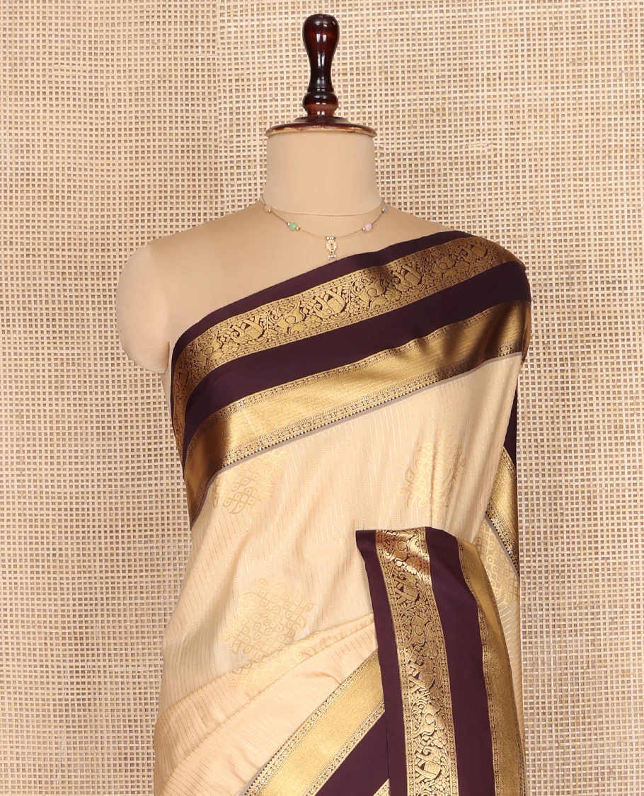 Sandal Budget Silk Saree, Embellished with Zari Stripes and Kolam Buttas All Over Its Body, Complemented by a Contrast Traditional Zari Design Rettai Pettu Border, Grand Scallop Design Pallu, and Paired with a Contrast Blouse - Image 4