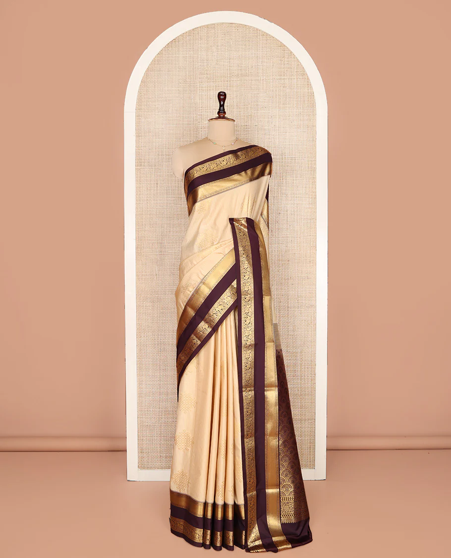 Sandal Budget Silk Saree, Embellished with Zari Stripes and Kolam Buttas All Over Its Body, Complemented by a Contrast Traditional Zari Design Rettai Pettu Border, Grand Scallop Design Pallu, and Paired with a Contrast Blouse - Image 5