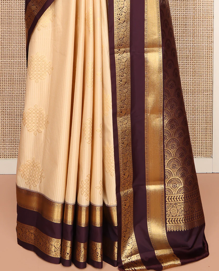 Sandal Budget Silk Saree, Embellished with Zari Stripes and Kolam Buttas All Over Its Body, Complemented by a Contrast Traditional Zari Design Rettai Pettu Border, Grand Scallop Design Pallu, and Paired with a Contrast Blouse - Image 6