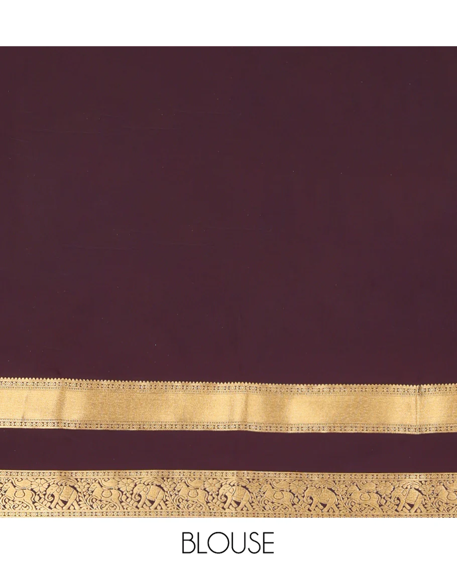 Sandal Budget Silk Saree, Embellished with Zari Stripes and Kolam Buttas All Over Its Body, Complemented by a Contrast Traditional Zari Design Rettai Pettu Border, Grand Scallop Design Pallu, and Paired with a Contrast Blouse - Image 7