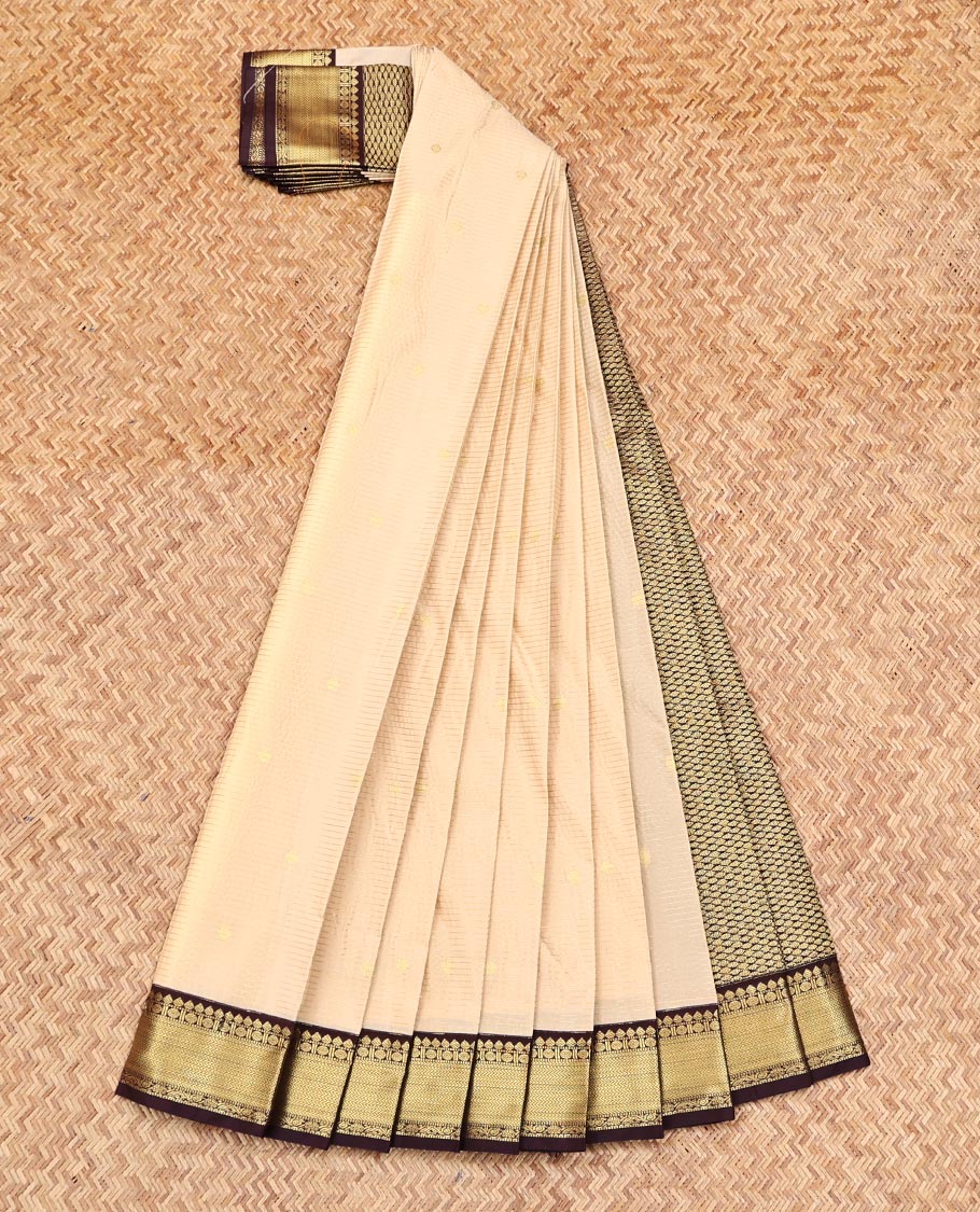 Sandal Budget Silk Saree, Sparsely Threaded with Buttas and Stripes on Its Body, Complemented by a Contrast Traditional Zari Design Border, Intricately Designed Pallu, and Paired with a Contrast Blouse - Image 2
