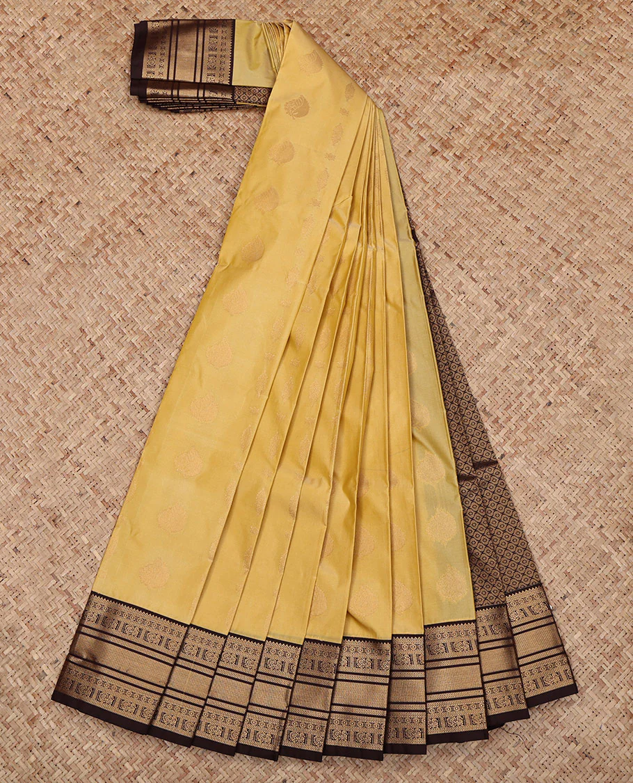Sandal Budget Silk Saree, Sparsely Threaded with Zari Buttas All Over Its Body, Complemented by a Contrast Traditional Zari Design Border, Grand Jaal Pallu, and Paired with a Contrast Blouse - Image 2