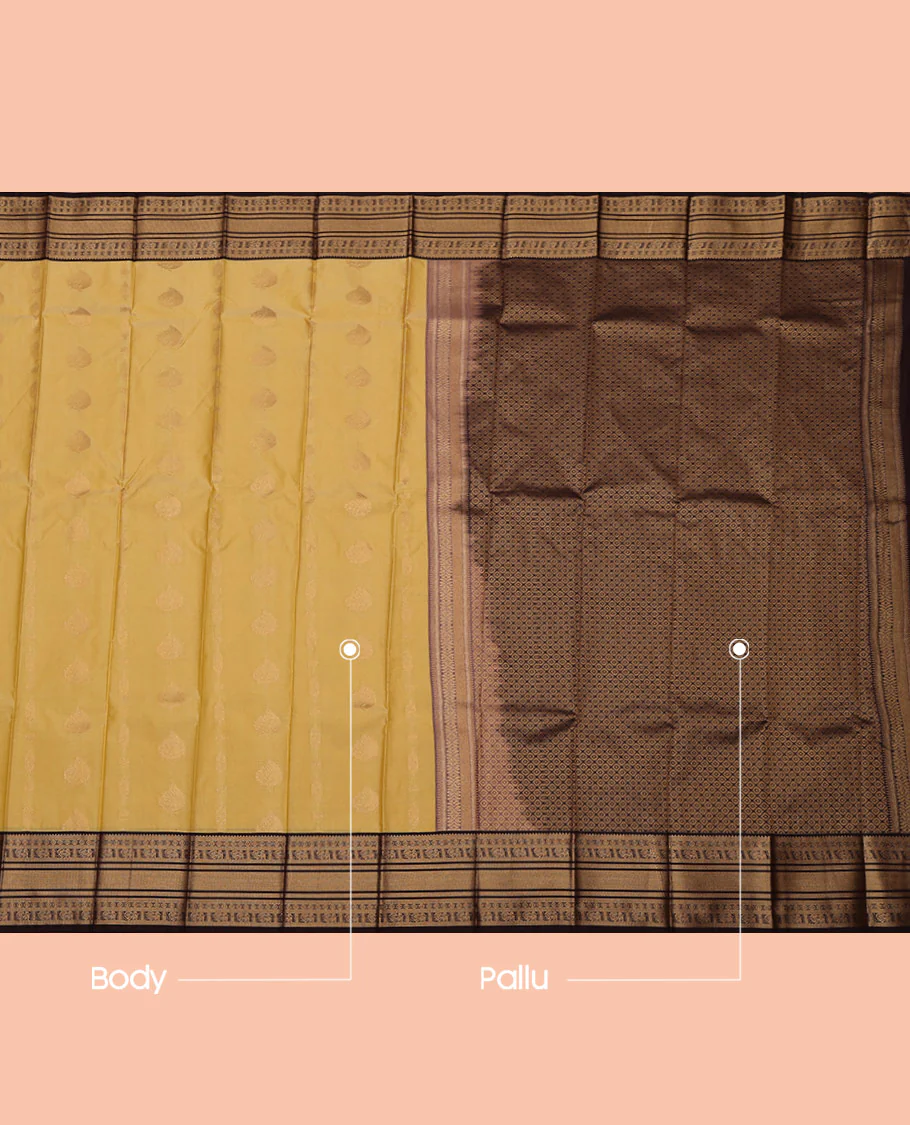 Sandal Budget Silk Saree, Sparsely Threaded with Zari Buttas All Over Its Body, Complemented by a Contrast Traditional Zari Design Border, Grand Jaal Pallu, and Paired with a Contrast Blouse - Image 3