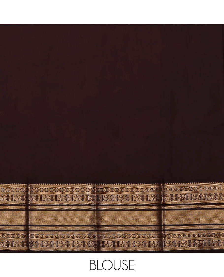 Sandal Budget Silk Saree, Sparsely Threaded with Zari Buttas All Over Its Body, Complemented by a Contrast Traditional Zari Design Border, Grand Jaal Pallu, and Paired with a Contrast Blouse - Image 4