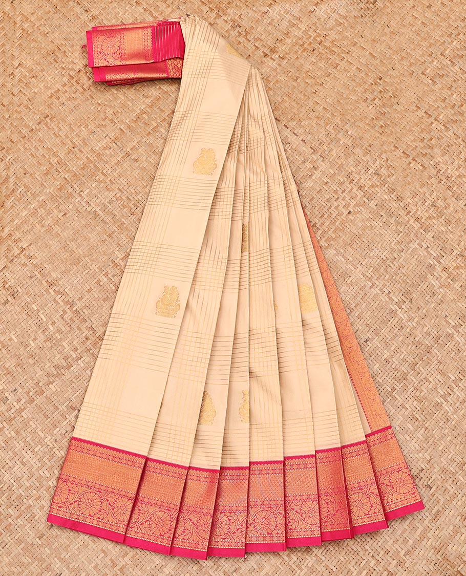 Sandal Budget Silk Saree, Sparsely Woven with Zari Butta Enclosed Checks, Complemented by a Contrast Traditional Border, Grand Jaal Pallu, and a Contrast Blouse - Image 2