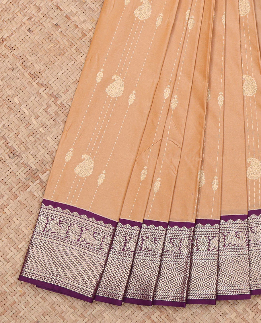 Sandal Budget Silk Saree, Subtly Sparkled with Paisley Stripes All Across Its Body, Complemented by a Captivating Contrast Traditional Zari Design Border, Pallu of Jaal Designs, and Paired with a Contrast Blouse