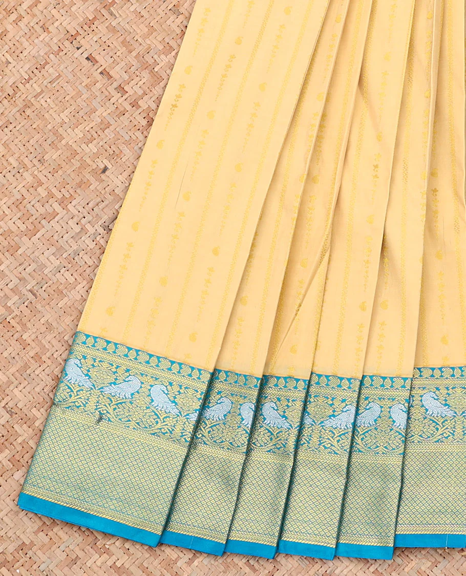 Sandal Budget Silk Saree, Subtly Sparkled with Zari Buttas on Its Body, Complemented by a Contrast Traditional Zari Design Border, Pallu of Jaal Design, and Paired with a Contrast Blouse