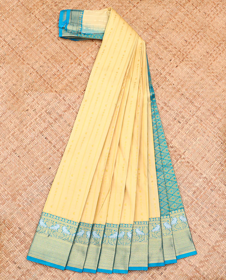 Sandal Budget Silk Saree, Subtly Sparkled with Zari Buttas on Its Body, Complemented by a Contrast Traditional Zari Design Border, Pallu of Jaal Design, and Paired with a Contrast Blouse - Image 2