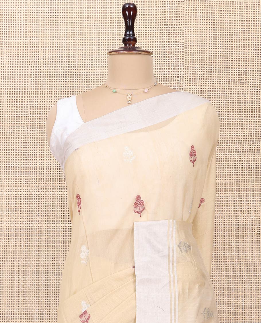Sandal Chanderi Cotton Saree, Woven with Floral Buttas All Over Its Body, Highlighted by a Bavanji Border, Pallu Steeped with Zari Stripes, and Paired with a Matching Blouse - Image 2