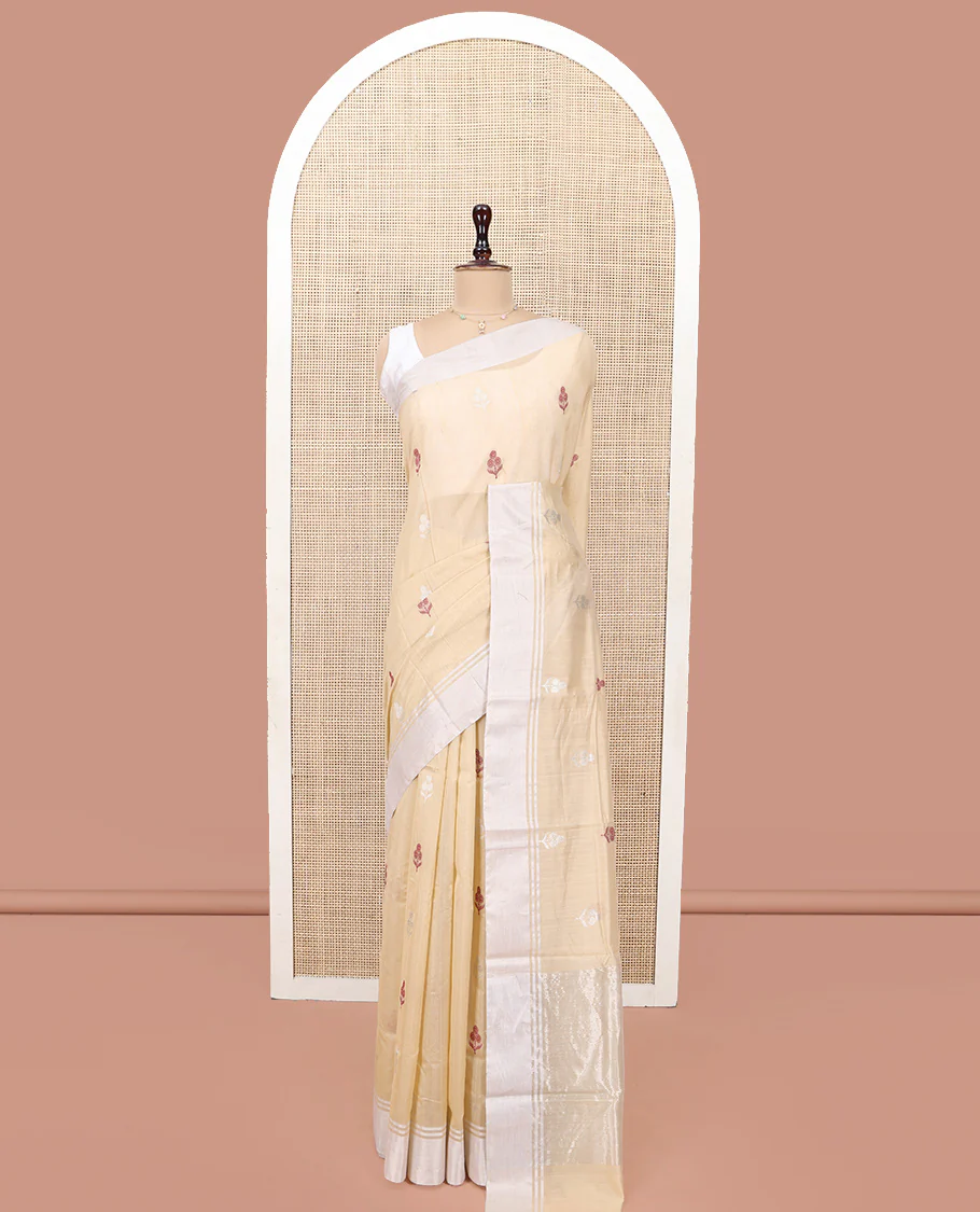 Sandal Chanderi Cotton Saree, Woven with Floral Buttas All Over Its Body, Highlighted by a Bavanji Border, Pallu Steeped with Zari Stripes, and Paired with a Matching Blouse - Image 3