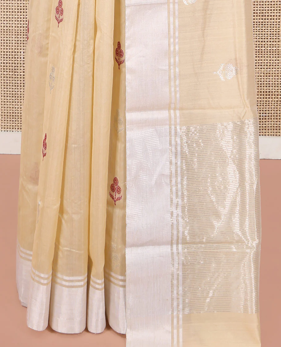 Sandal Chanderi Cotton Saree, Woven with Floral Buttas All Over Its Body, Highlighted by a Bavanji Border, Pallu Steeped with Zari Stripes, and Paired with a Matching Blouse - Image 4