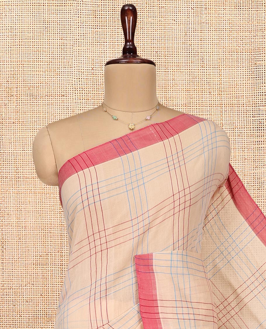 Sandal Checked Mangalgiri Cotton Saree, Complemented by Contrast Border, Striped Pallu, and Paired with a Contrast Blouse - Image 2