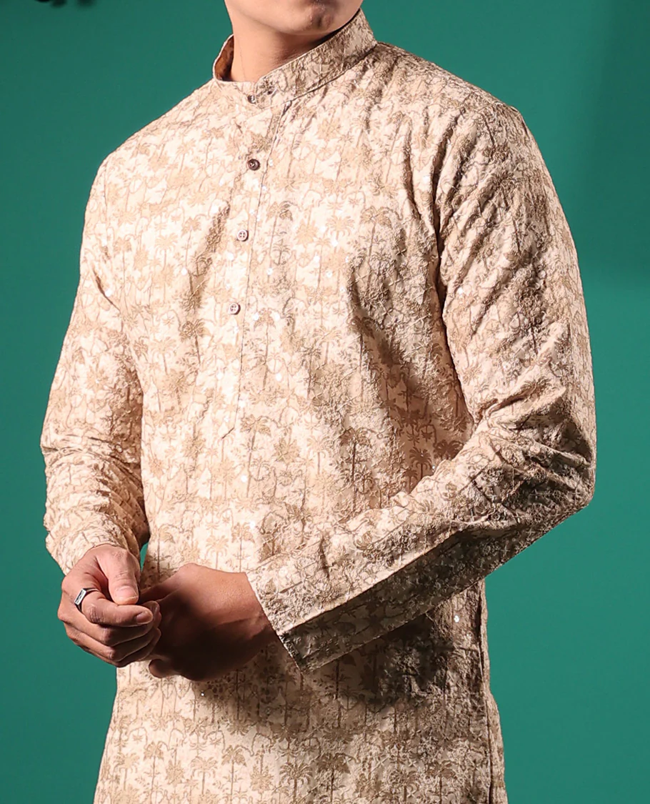 Sandal crushed textured with tropical floral printed full-sleeved men's kurta - Image 4