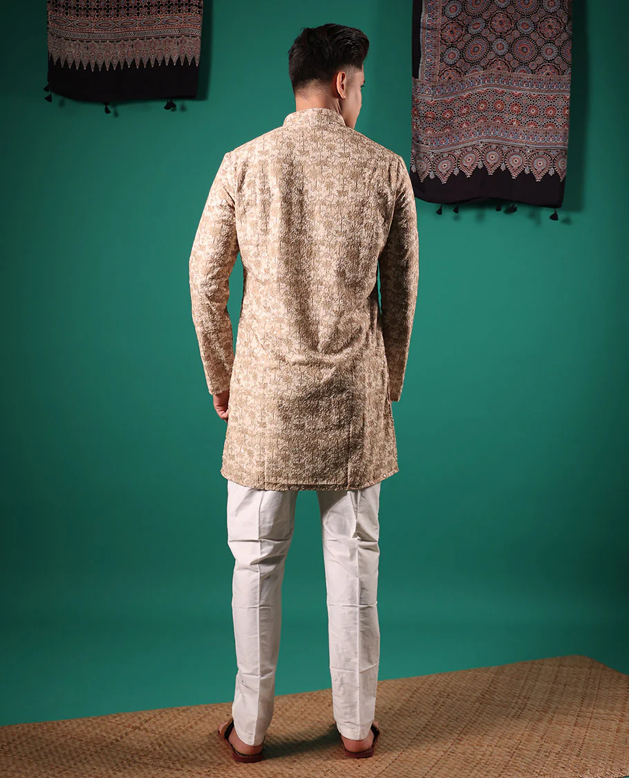 Sandal crushed textured with tropical floral printed full-sleeved men's kurta - Image 5