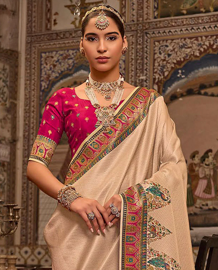 Sandal Designer Saree, Richly Detailed with Stripes All Over Its Body, Complemented by a Contrast Border of Peacock and Mughal-Style Motifs, Pallu of Meenakari-Style Peacock Designs, and Paired with a Contrast Blouse - Image 2
