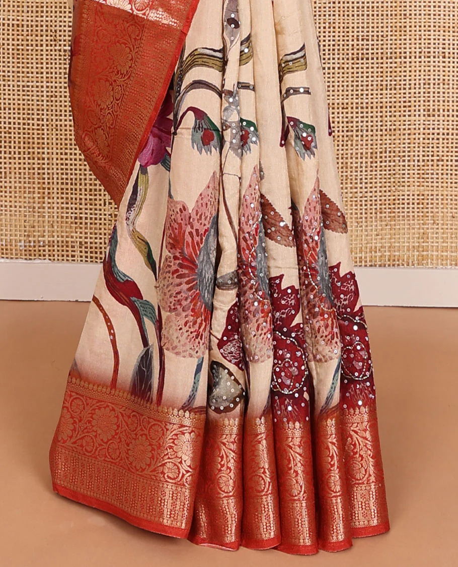 Sandal floral printed with embroidered dola silk saree, contrast traditional zari design border & zari striped pallu - Image 5