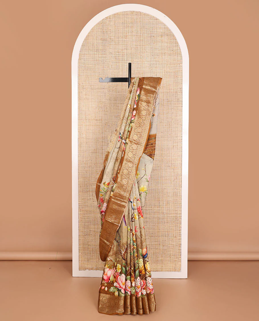 Sandal floral printed with with French knot embroidered dola silk saree, contrast traditional zari design border & French knot embroidered pallu