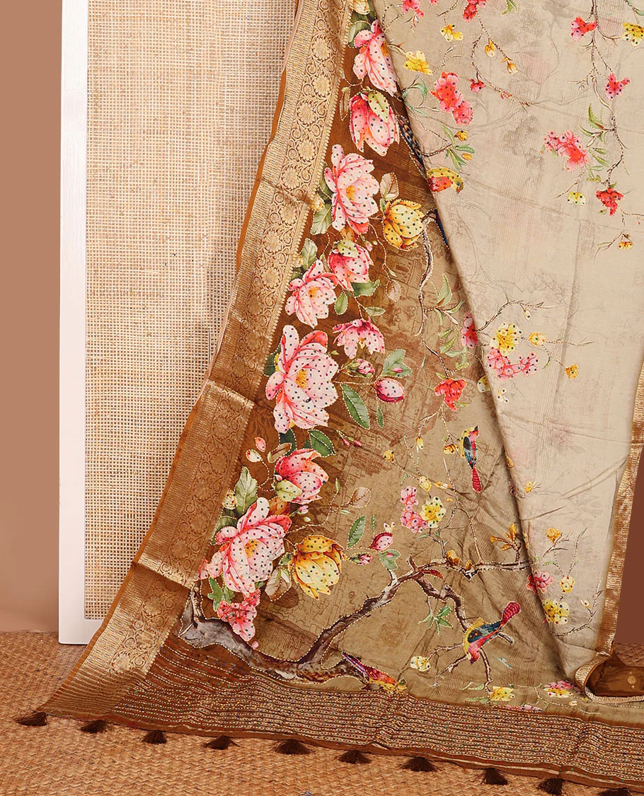 Sandal floral printed with with French knot embroidered dola silk saree, contrast traditional zari design border & French knot embroidered pallu - Image 2