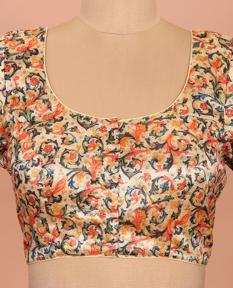 Sandal floral vine printed front-back round-neck elbow sleeve readymade blouse - Image 3