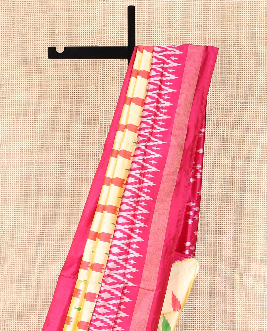 Sandal Ikkat Silk Saree, Beautifully Bedecked with Ikkat Temple Buttas All Over Its Body, Complemented by a Contrast Border of Jaal Designs, Pallu Steeped with Ikkat Buttas, and Paired with a Contrast Blouse - Image 3