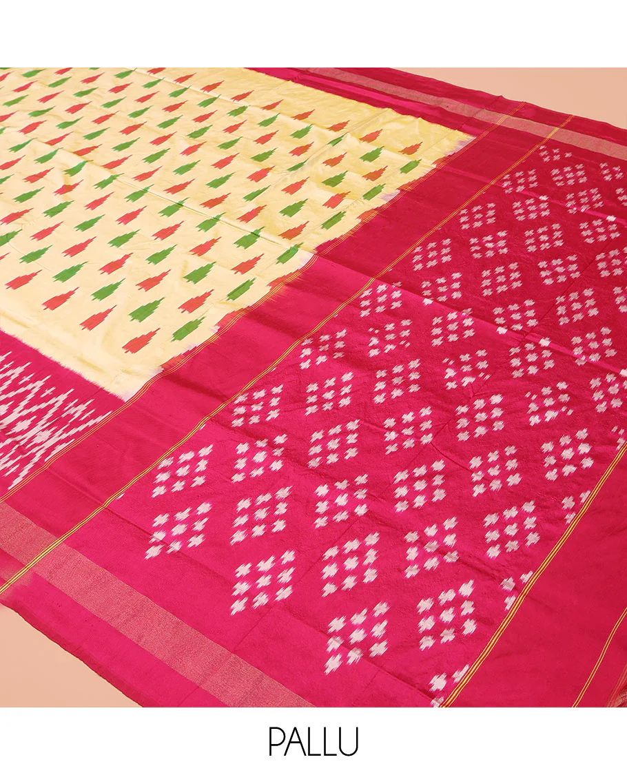 Sandal Ikkat Silk Saree, Beautifully Bedecked with Ikkat Temple Buttas All Over Its Body, Complemented by a Contrast Border of Jaal Designs, Pallu Steeped with Ikkat Buttas, and Paired with a Contrast Blouse - Image 5