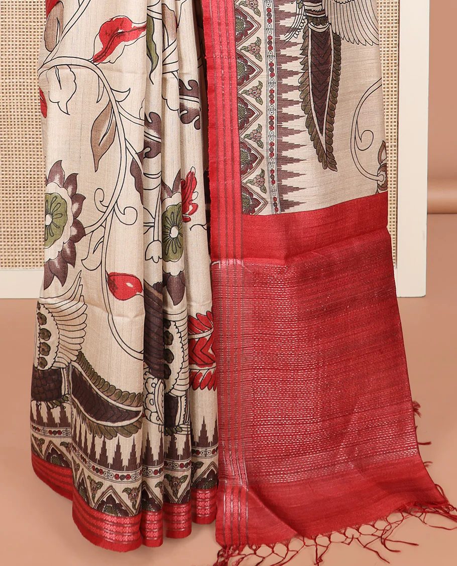 Sandal kalamkari floral and floral vine printed tussar saree, contrast border, and striped pallu - Image 4