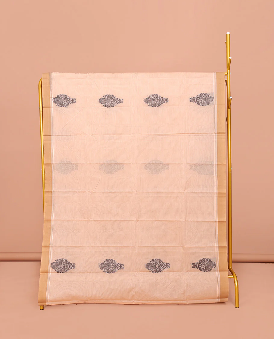 Sandal Kanchi Cotton Saree, Beautified with Buttas All Over Its Body, Complemented by Contrast Border, Pallu Steeped with Stripes and Paisleys, and Paired with a Matching Blouse