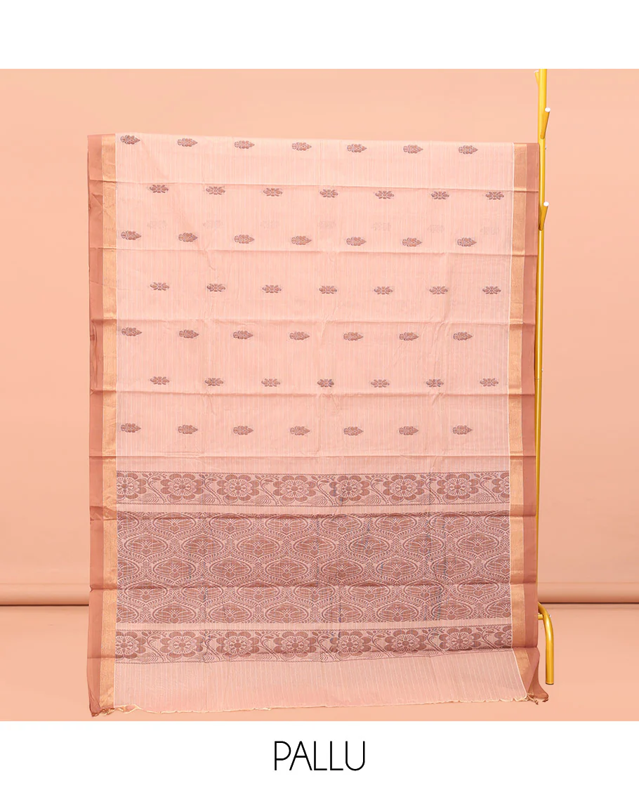 Sandal Kanchi Cotton Saree, Featuring Buttas All Over Its Body, a Complemented by Contrast Border, Pallu of Ogee Designs, and Paired with a Matching Blouse - Image 3