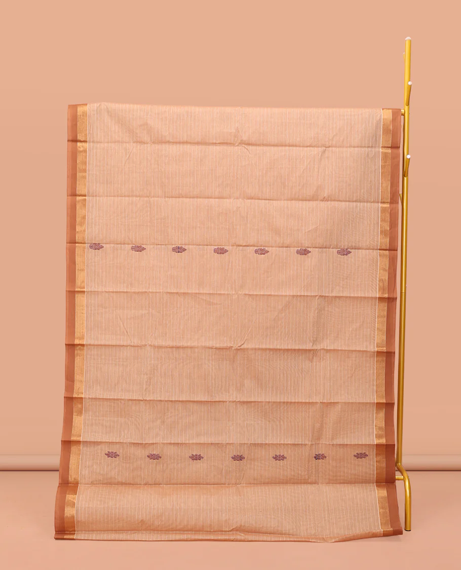 Sandal Kanchi Cotton Saree Showcasing Buttas and Stripes on Its Body, Contrast Border, Ogee-Patterned Pallu, and a Matching Blouse