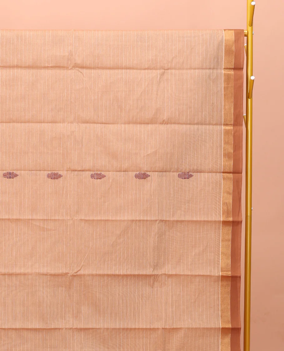 Sandal Kanchi Cotton Saree Showcasing Buttas and Stripes on Its Body, Contrast Border, Ogee-Patterned Pallu, and a Matching Blouse - Image 2
