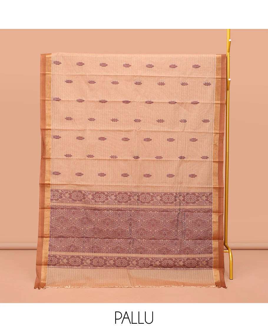 Sandal Kanchi Cotton Saree Showcasing Buttas and Stripes on Its Body, Contrast Border, Ogee-Patterned Pallu, and a Matching Blouse - Image 3