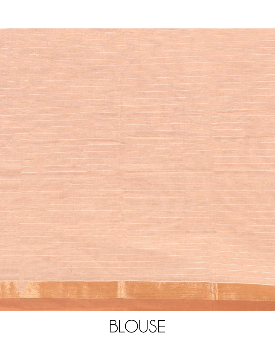 Sandal Kanchi Cotton Saree Showcasing Buttas and Stripes on Its Body, Contrast Border, Ogee-Patterned Pallu, and a Matching Blouse - Image 4