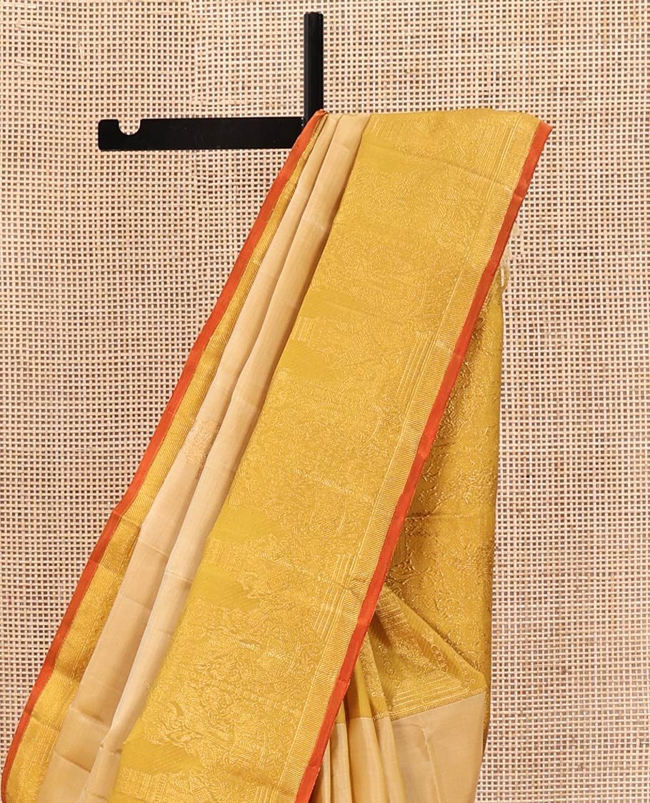 Sandal Kanchipuram Designer Silk Saree, Gracefully Embellished with Buttas All Over Its Body, Complemented by a Contrast Border of Mayil, Kuthirai, Yaali, and Pichwai Cow Designs, Grandly Woven Jaal Pallu, and Paired with a Contrast Blouse - Image 3