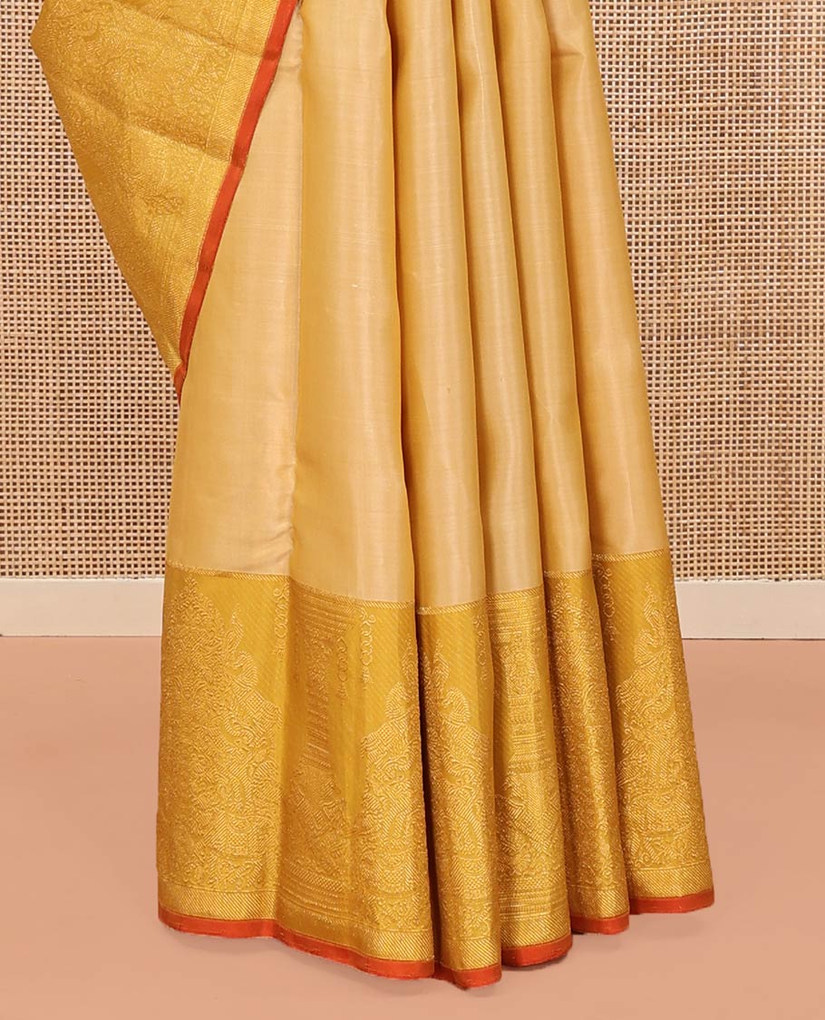 Sandal Kanchipuram Designer Silk Saree, Gracefully Embellished with Buttas All Over Its Body, Complemented by a Contrast Border of Mayil, Kuthirai, Yaali, and Pichwai Cow Designs, Grandly Woven Jaal Pallu, and Paired with a Contrast Blouse - Image 4