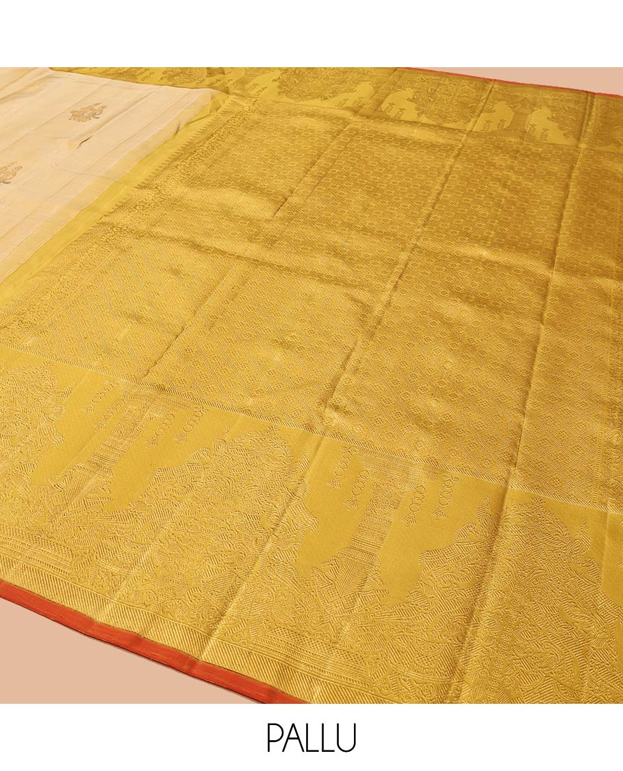 Sandal Kanchipuram Designer Silk Saree, Gracefully Embellished with Buttas All Over Its Body, Complemented by a Contrast Border of Mayil, Kuthirai, Yaali, and Pichwai Cow Designs, Grandly Woven Jaal Pallu, and Paired with a Contrast Blouse - Image 5