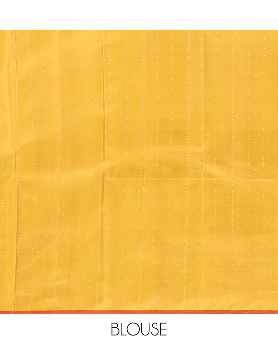 Sandal Kanchipuram Designer Silk Saree, Gracefully Embellished with Buttas All Over Its Body, Complemented by a Contrast Border of Mayil, Kuthirai, Yaali, and Pichwai Cow Designs, Grandly Woven Jaal Pallu, and Paired with a Contrast Blouse - Image 6