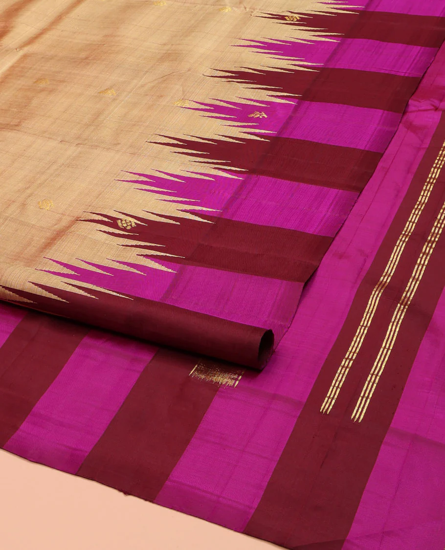 Sandal Kanchipuram Silk Saree, Elevated with Zari Buttas on Its Body, Complemented by a Contrast One-Sided Thazampoo Rekku Border of Zari Buttas, Pallu Steeped with Zari Designs, and Comes Without a Blouse - Image 2