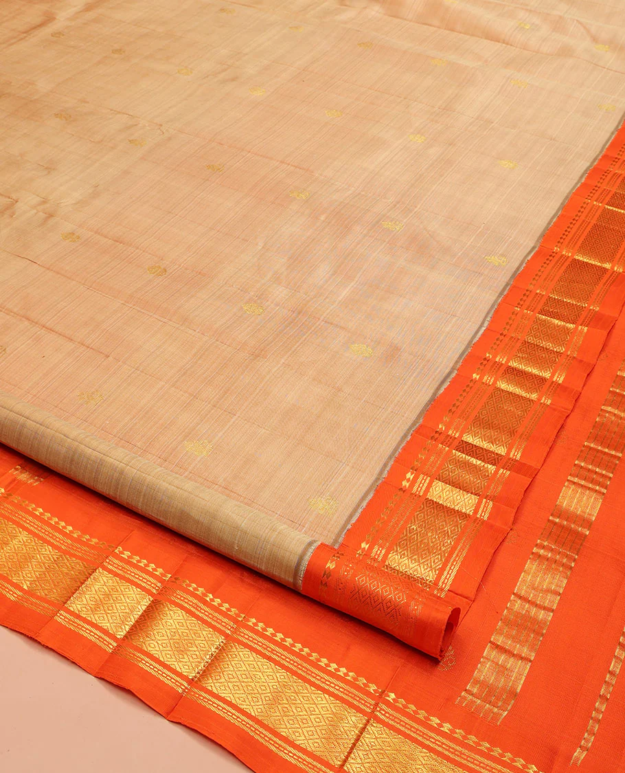 Sandal Kanchipuram Silk Saree, Graced with Zari Buttas on Its Body, Complemented by a Contrast One-Sided Korvai Border of Panner Sombu, Banaras, Muthu, and Mayil Kann Designs, Pallu Steeped with Zari Designs, and Comes Without a Blouse - Image 2